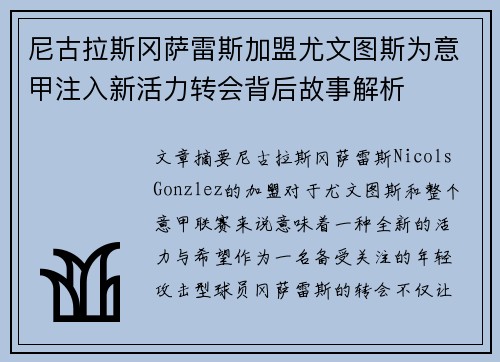尼古拉斯冈萨雷斯加盟尤文图斯为意甲注入新活力转会背后故事解析